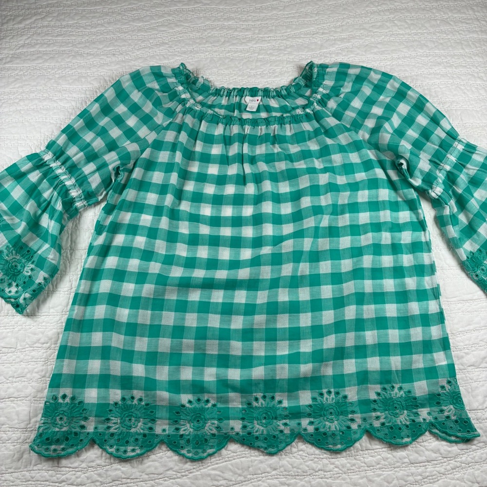 Intro Gingham Blouse Women Sz L Green Eyelet Embroidered Bell Sleeve Top Cottage